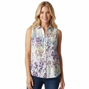 Velvet Heart Women's Shirt Button Up Sleeveless White/Multi Rayon Size XL